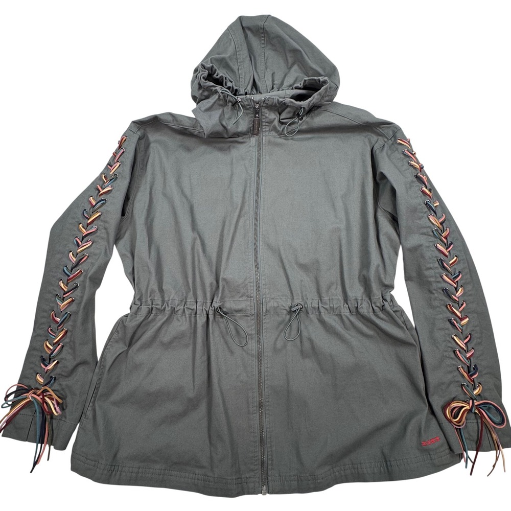 Peace Love World Gray Lace Up Sleeve Mandala Hooded Utility Jacket Medium boho